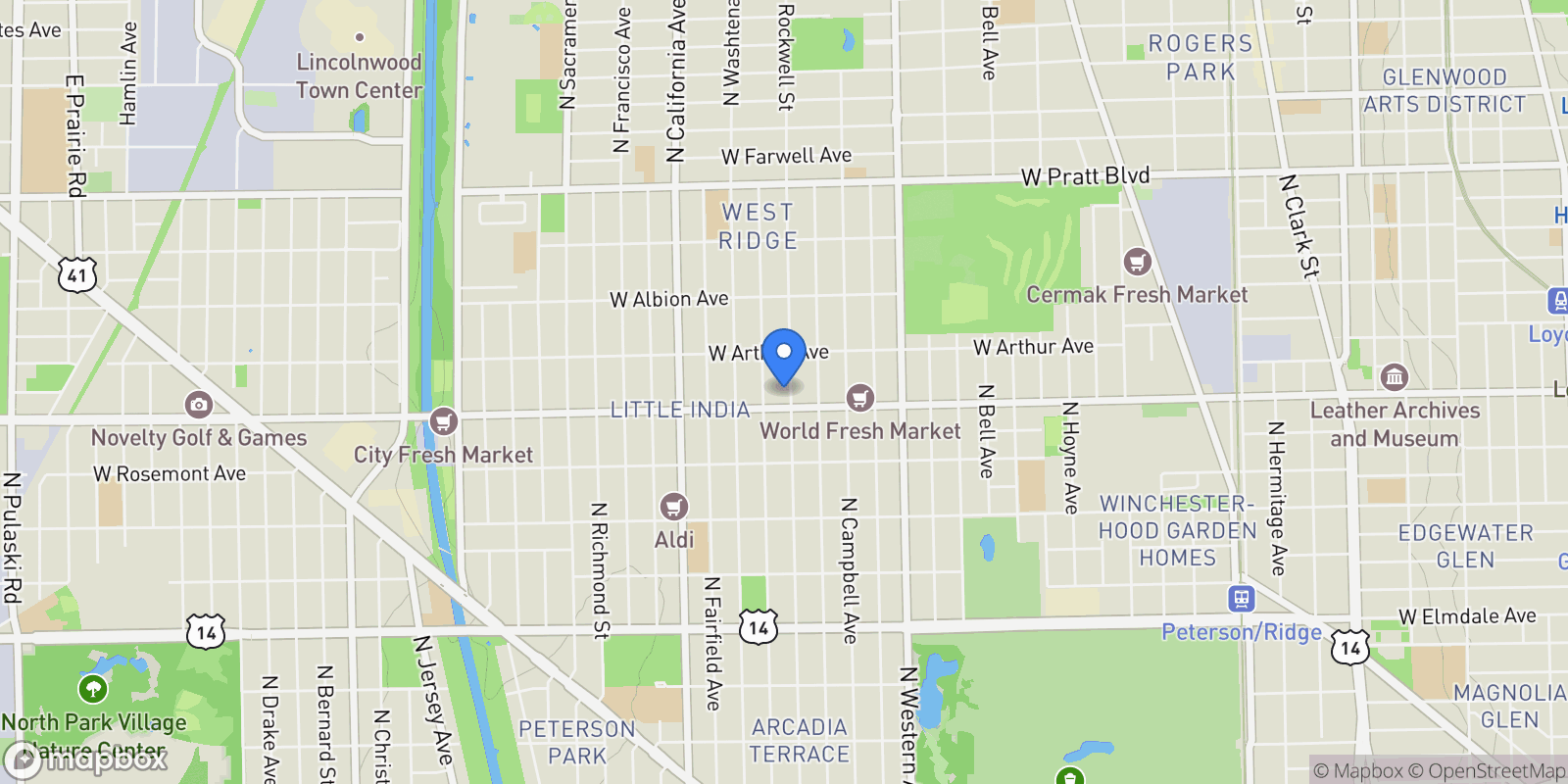 Map showing 6414 N Rockwell Street, Chicago, IL 60645, Chicago, Illinois, United States.