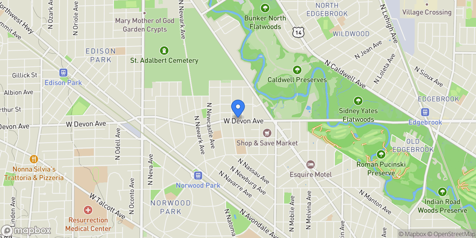 Map showing 6614 W Devon Avenue, Chicago, IL 60631, Chicago, Illinois, United States.