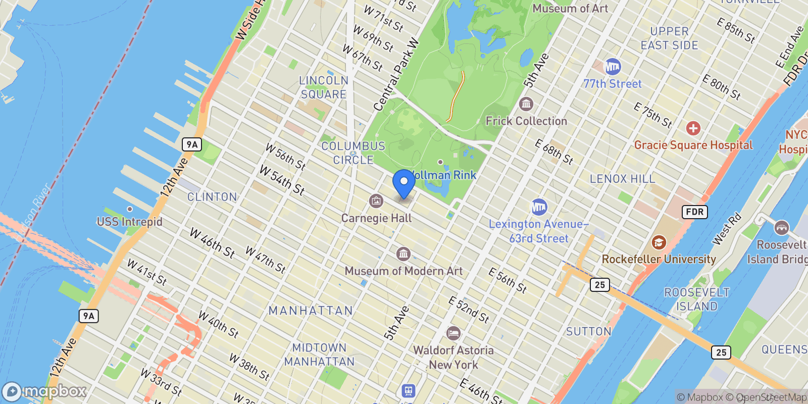 Map showing 111 West 57th Street QUADPLEX 80, New York, NY 10019, New York, New York, United States.