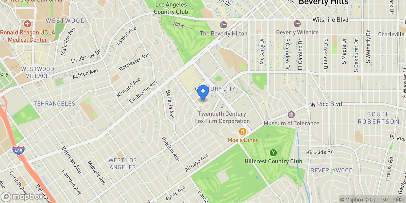 Map showing 10275 Century Woods Drive, Los Angeles, California, United States.