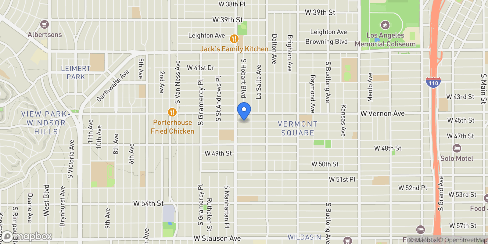 Map showing 1628 W 45th Street, Los Angeles, California, United States.