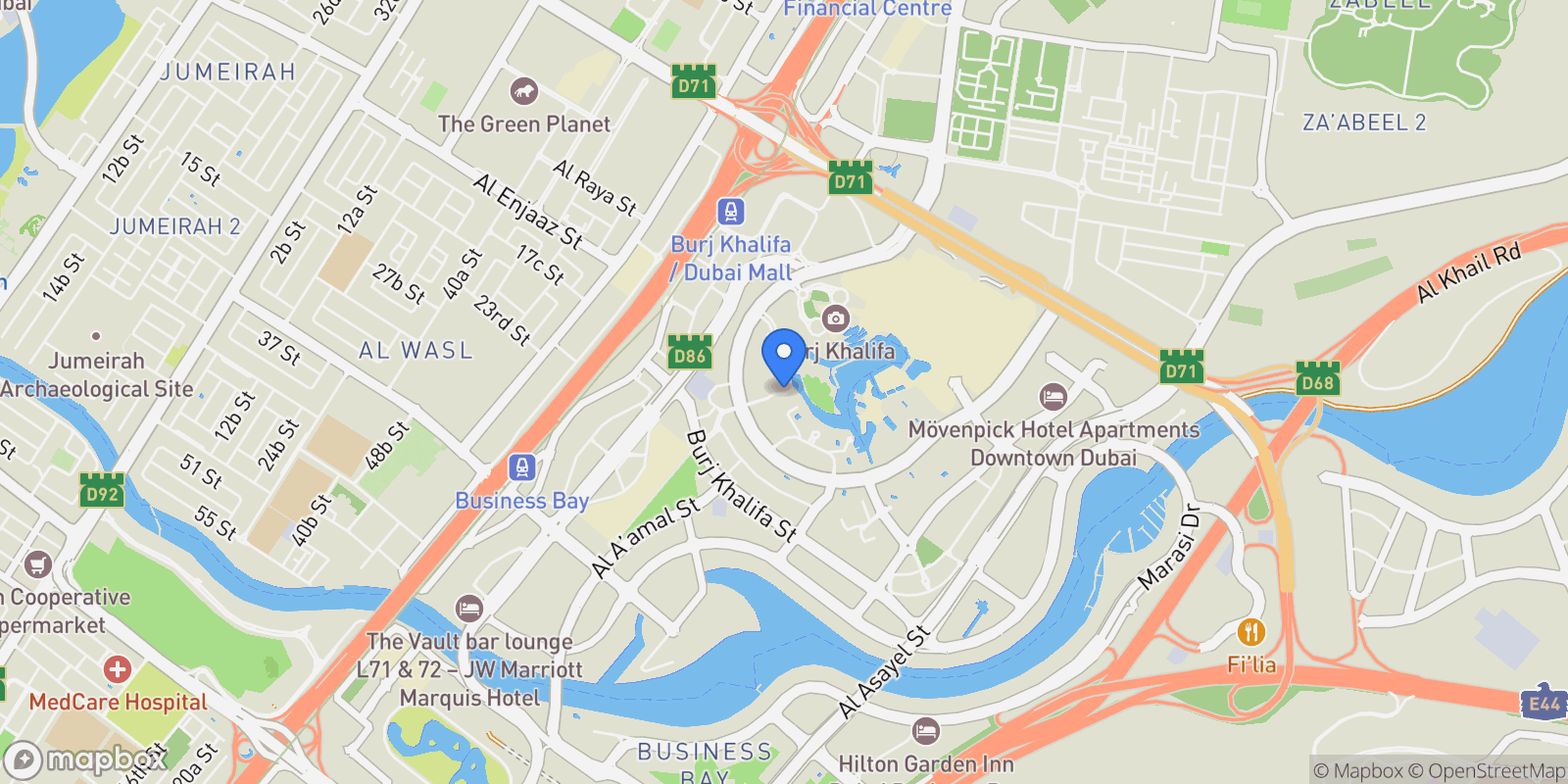 Map showing Dubai, Burj Khalifa Area, Dubai, Dubai, United Arab Emirates.