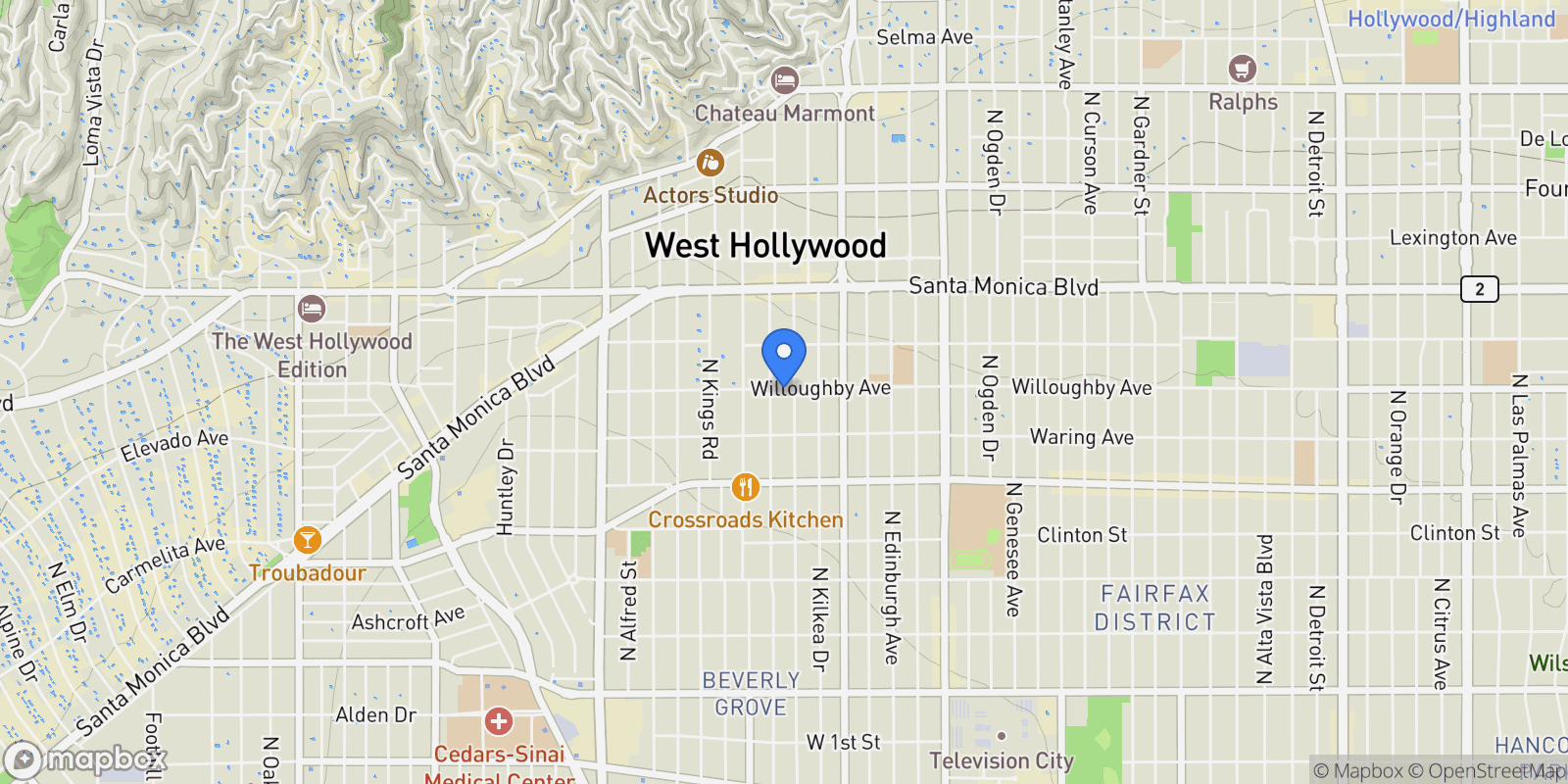 Map showing 8210 Willoughby Avenue, Los Angeles, California, United States.