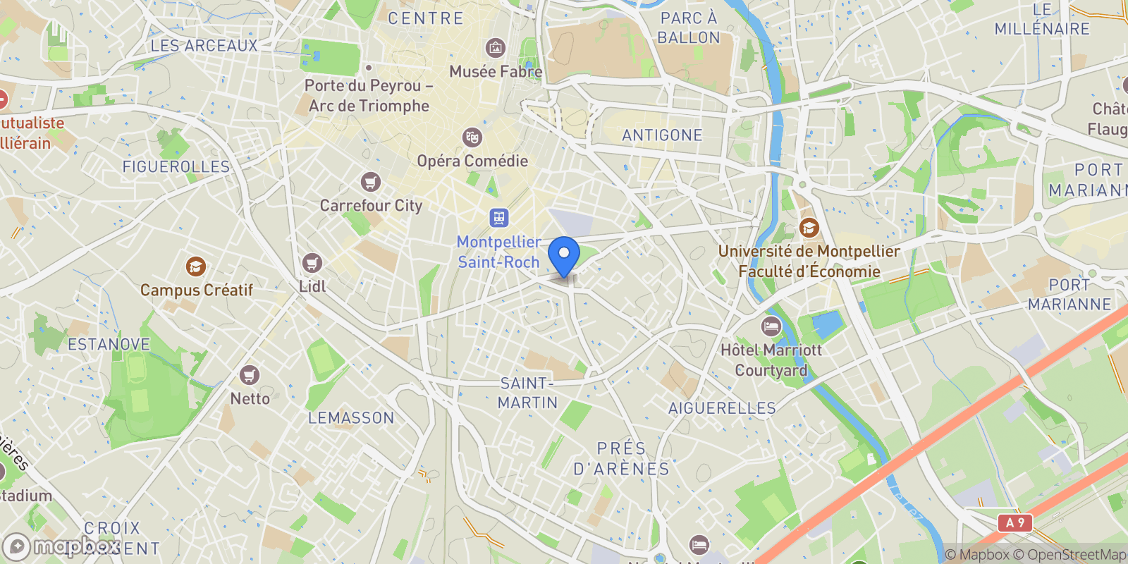 Map showing 46 Rue Frédéric Bazille - Montpellier (34000), herault, Montpellier, Occitanie, France.
