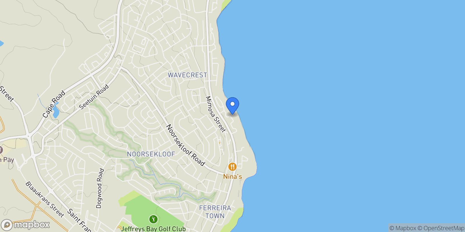 Map showing Wavecrest,
Jeffreys Bay,
Eastern Cape, Jeffreys Bay, Eastern Cape, South Africa.