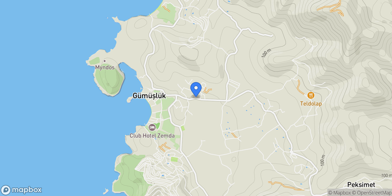 Map showing Gümüşlük, 48970 Bodrum/Muğla, Türkiye, Gümüşlük, Muğla, Turkey.