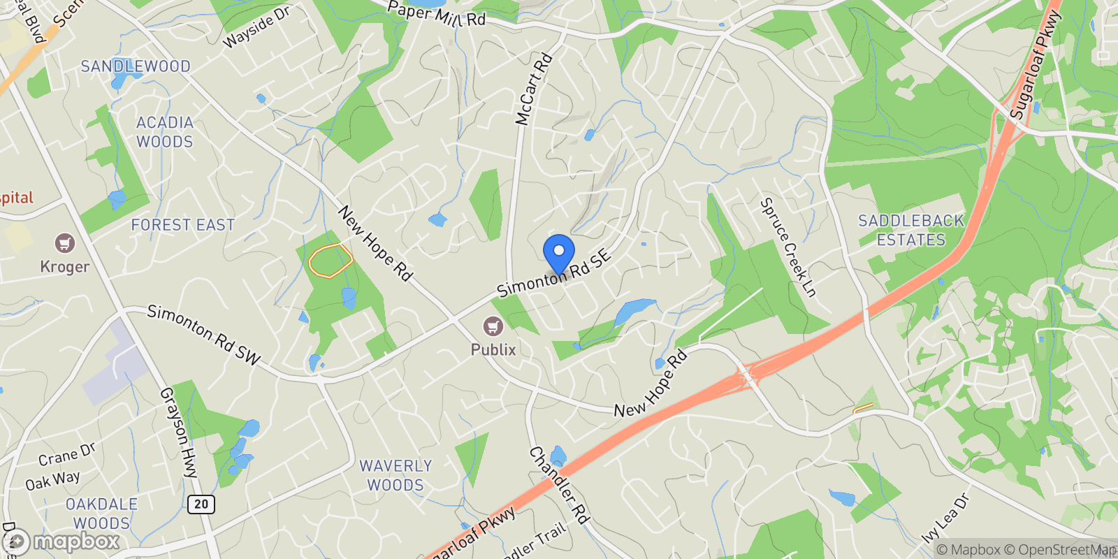 Map showing 395 Simonton Road SE, Lawrenceville, Georgia, United States.