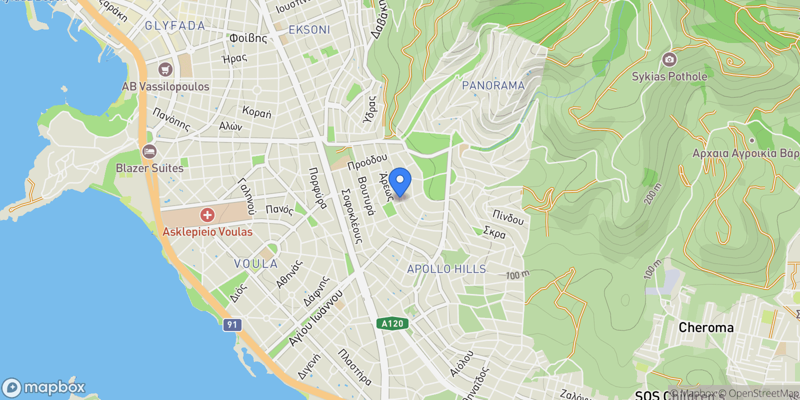 Map showing Dikigorika, Voula 166 73, Greece, Voula, Attica, Greece.