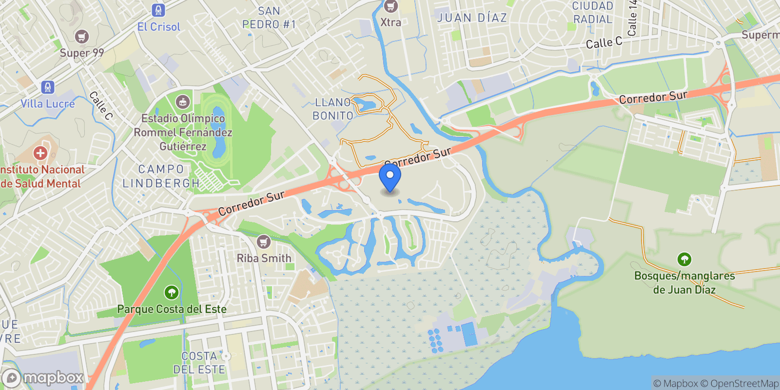 Map showing Calle 125 Este, Urbanizacion, Panama City, Panamá Province, Panama, Panama City, Panama, Panama.