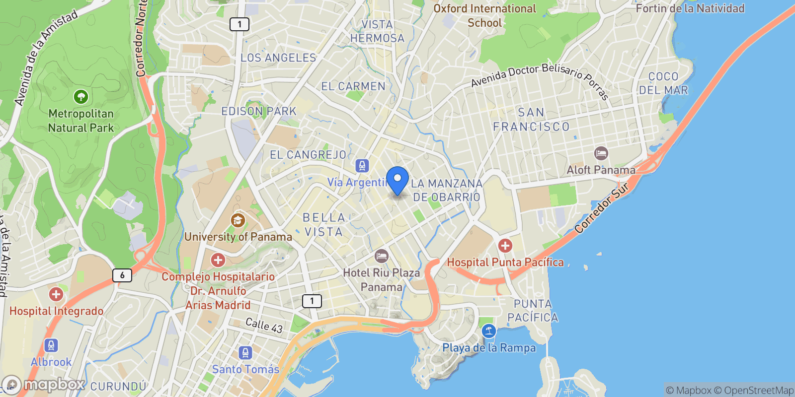 Map showing Obarrio, Panamá, Provincia de Panamá, Panama, Panama City, Panama, Panama.