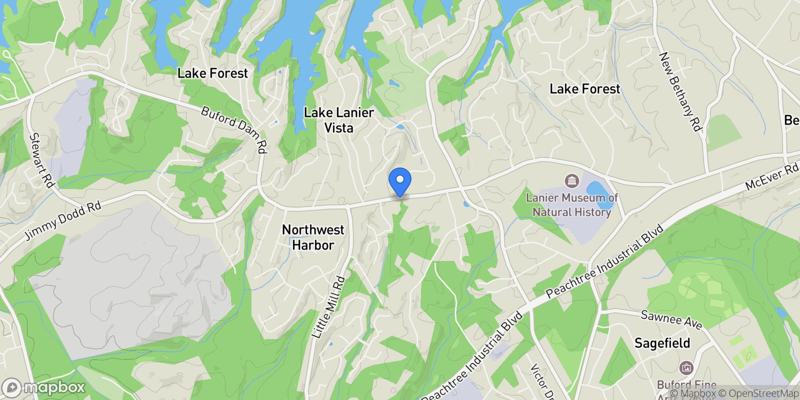 Map showing 2255 Buford Dam Road, Buford, Georgia, United States.