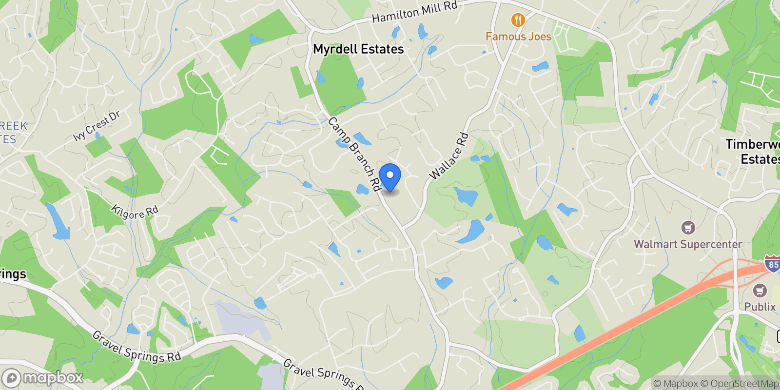 Map showing 3045 Camp Branch Road, Buford, Georgia, United States.