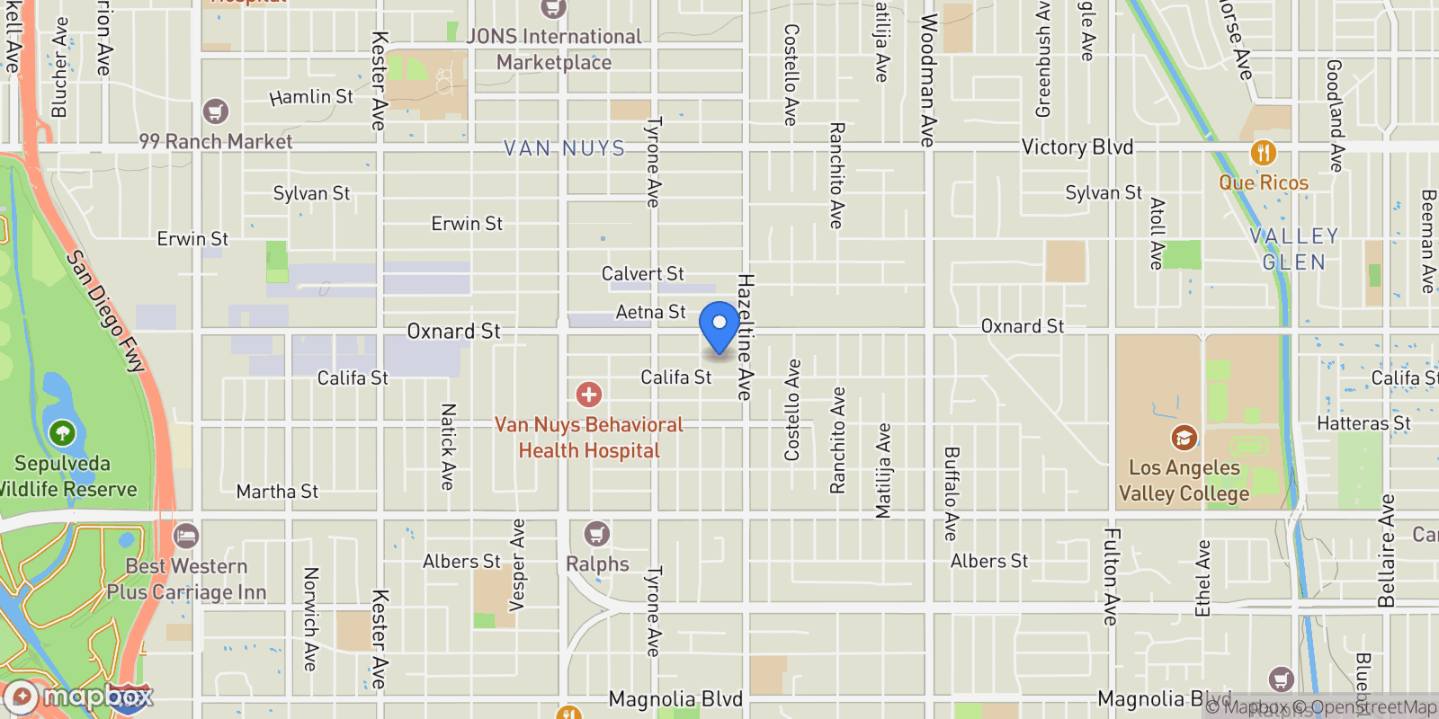 Map showing 14136 Tiara Street, Los Angeles, California, United States.