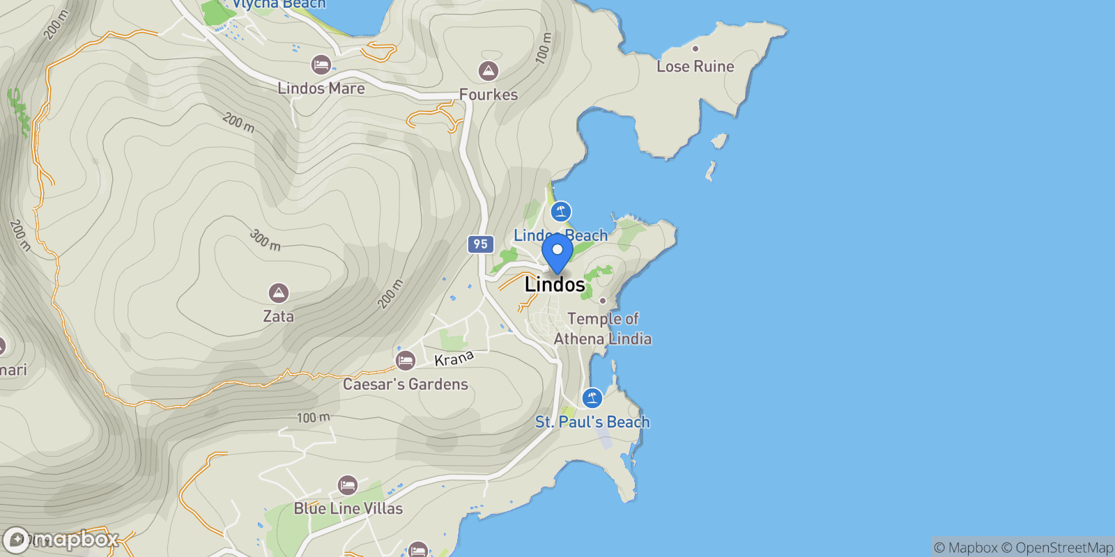 Map showing Lindos 851 07, Greece, Rhodes, Aegean, Greece.