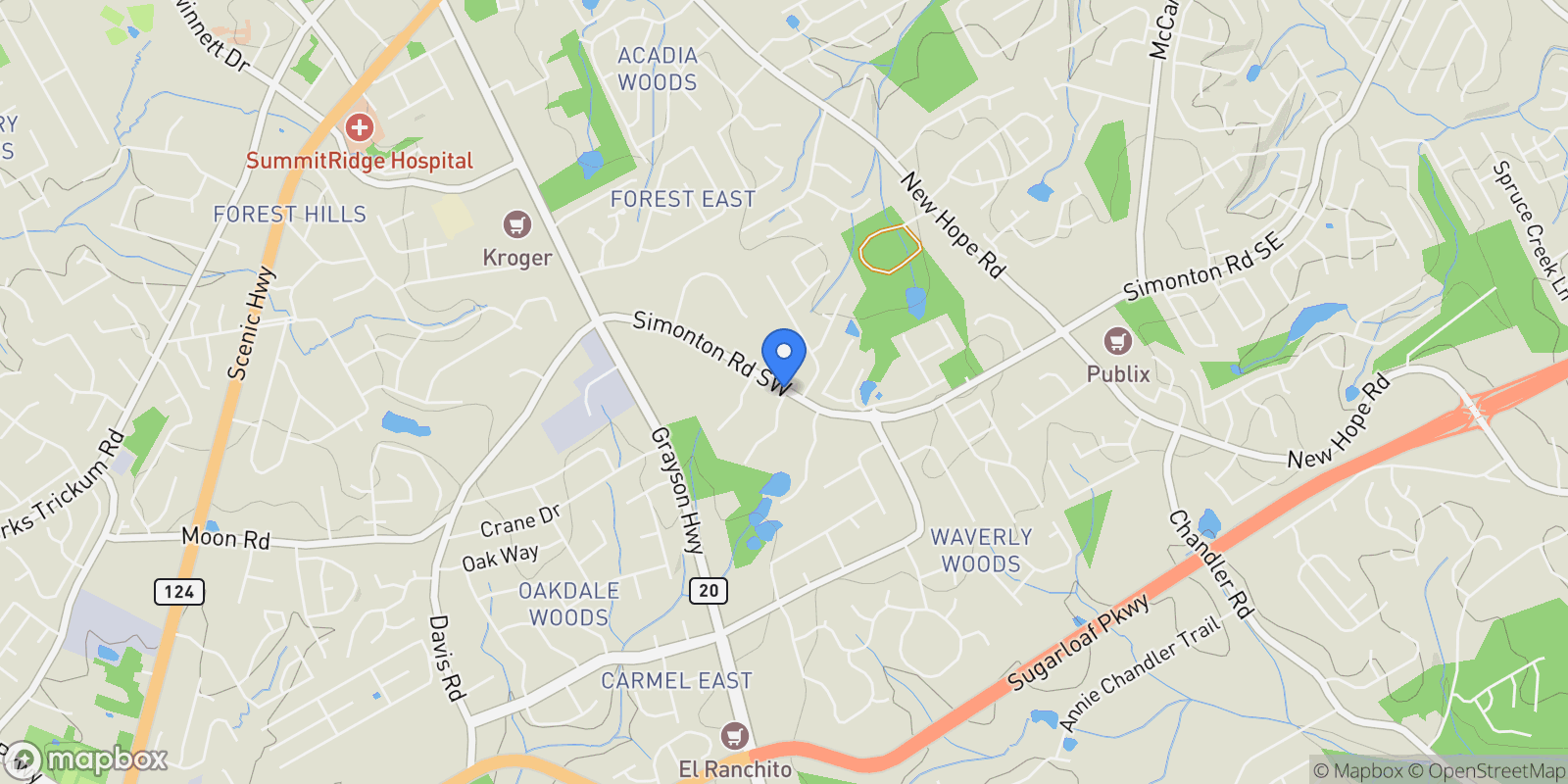 Map showing 110 Simonton Road SE, Lawrenceville, Georgia, United States.