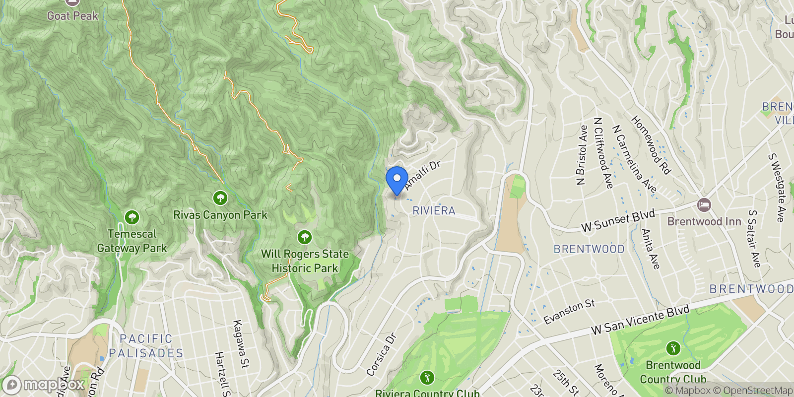 Map showing 1529 Amalfi Drive, Los Angeles, California, United States.
