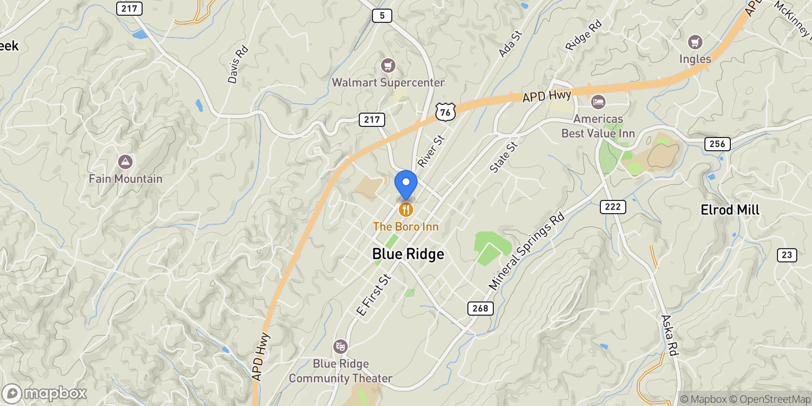 Map showing 116 W Main Street 2A, Blue Ridge, Georgia, United States.