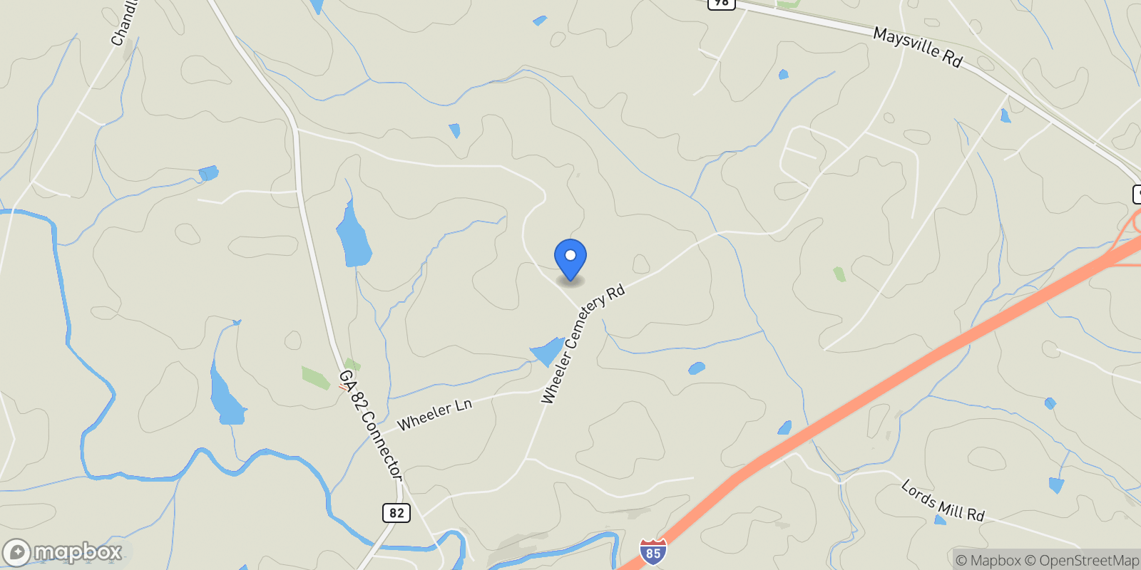 Map showing 1341 Wheeler Creek Road, Maysville, Georgia, United States.