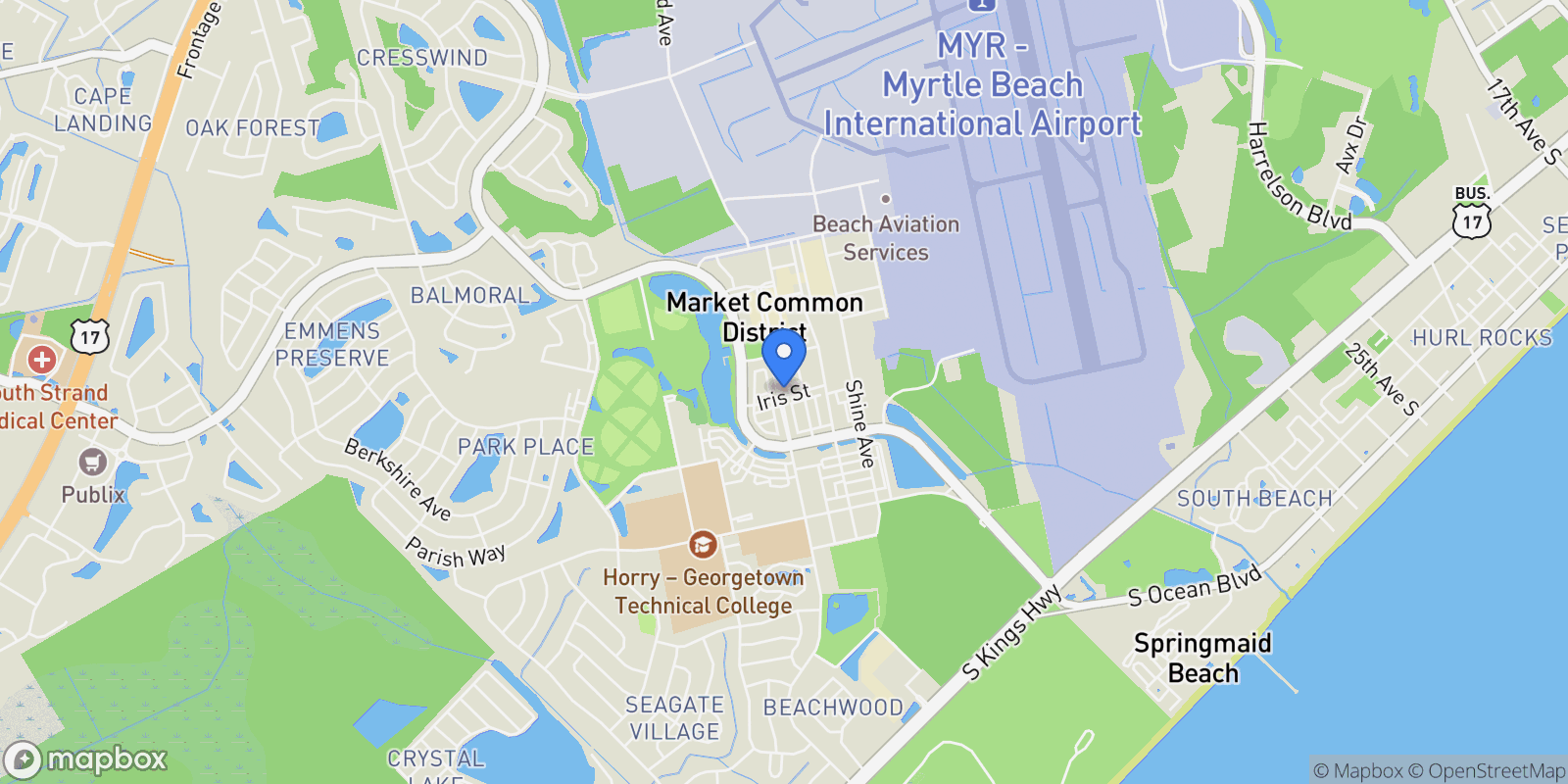 Map showing 927 Iris St., Myrtle Beach, SC 29577, Myrtle Beach, South Carolina, United States.