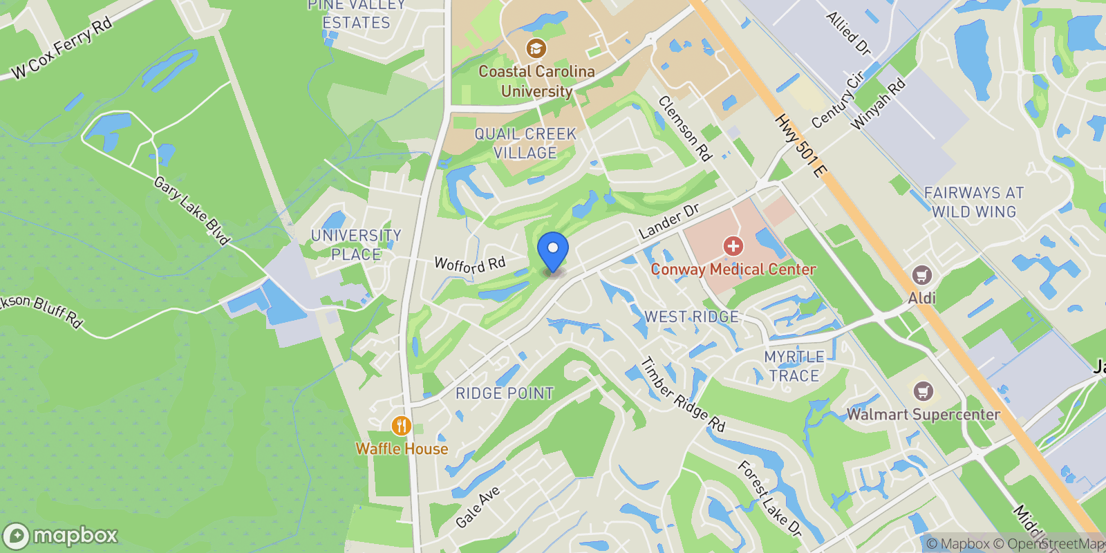 Map showing 208 Lander Dr., Conway, SC 29526, Conway, South Carolina, United States.