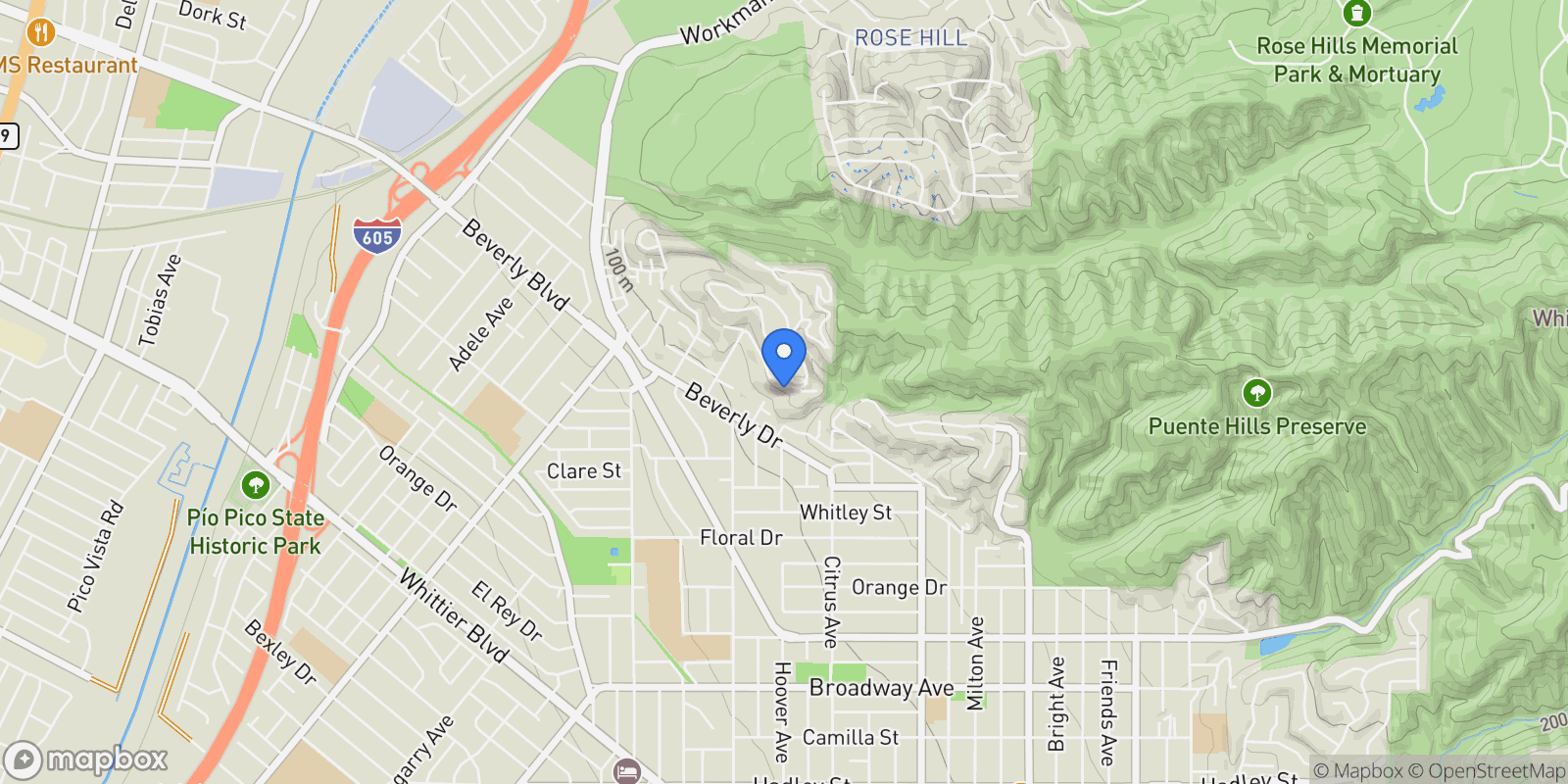 Map showing 12070 Rideout, Whittier, California, United States.