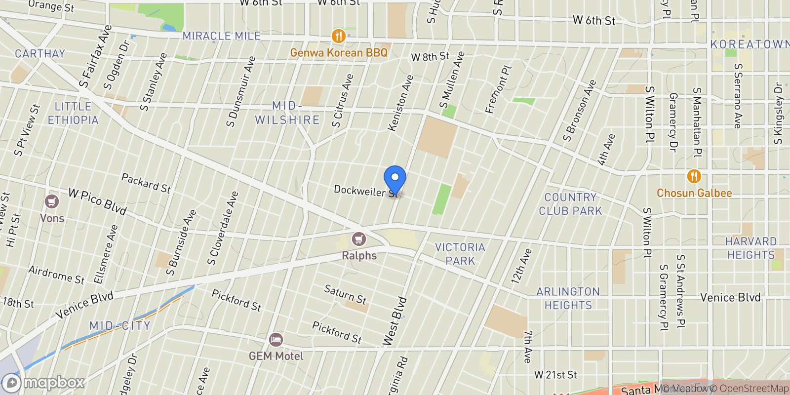 Map showing 1307 S Rimpau Boulevard, Los Angeles, California, United States.