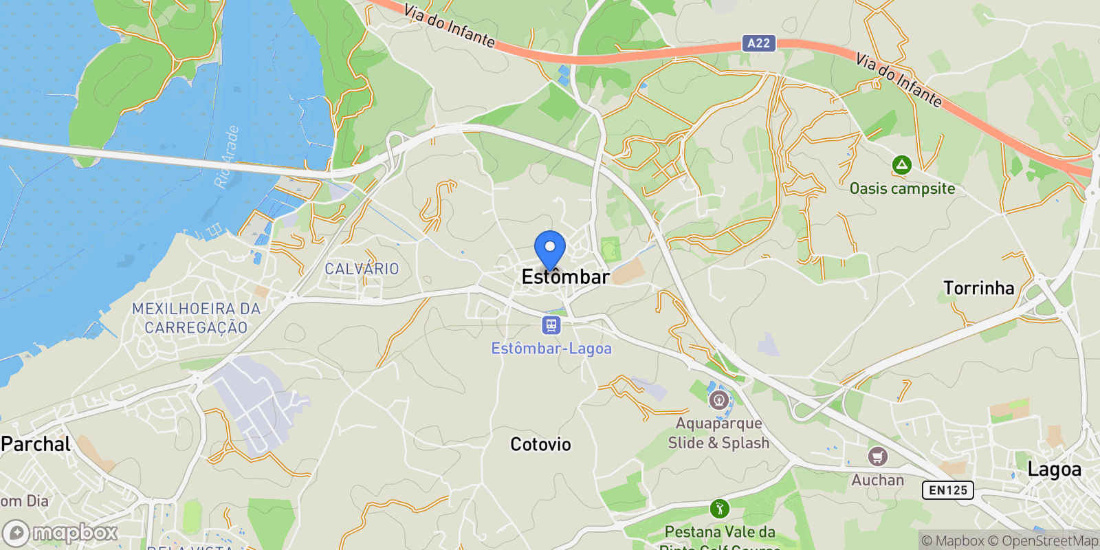 Map showing Estômbar, Portugal, Estombar e Parchal, Algarve, Portugal.
