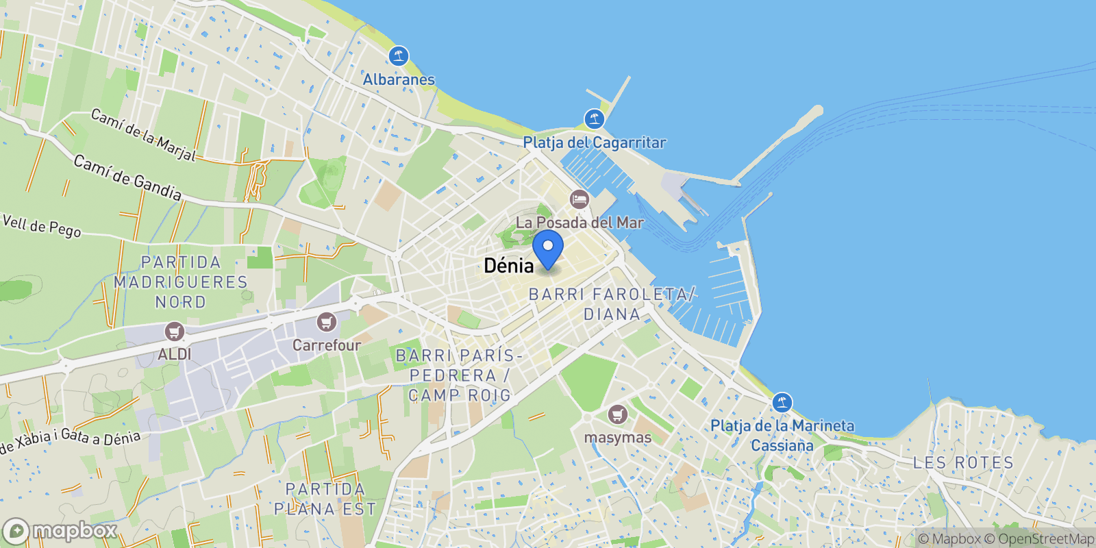 Map showing Denia, Valencian Community, Spain.