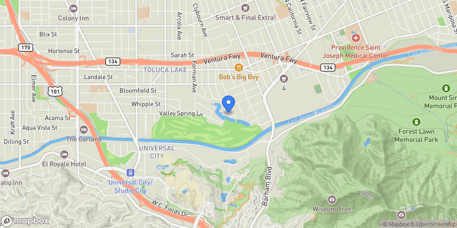 Map showing 9928 Toluca Lake Avenue, Los Angeles, California, United States.