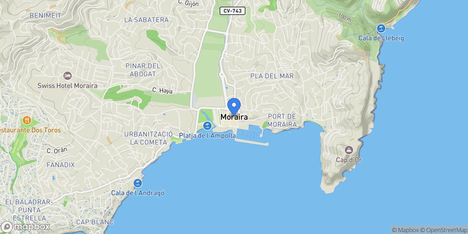 Map showing Moraira, Teulada, Valencian Community.