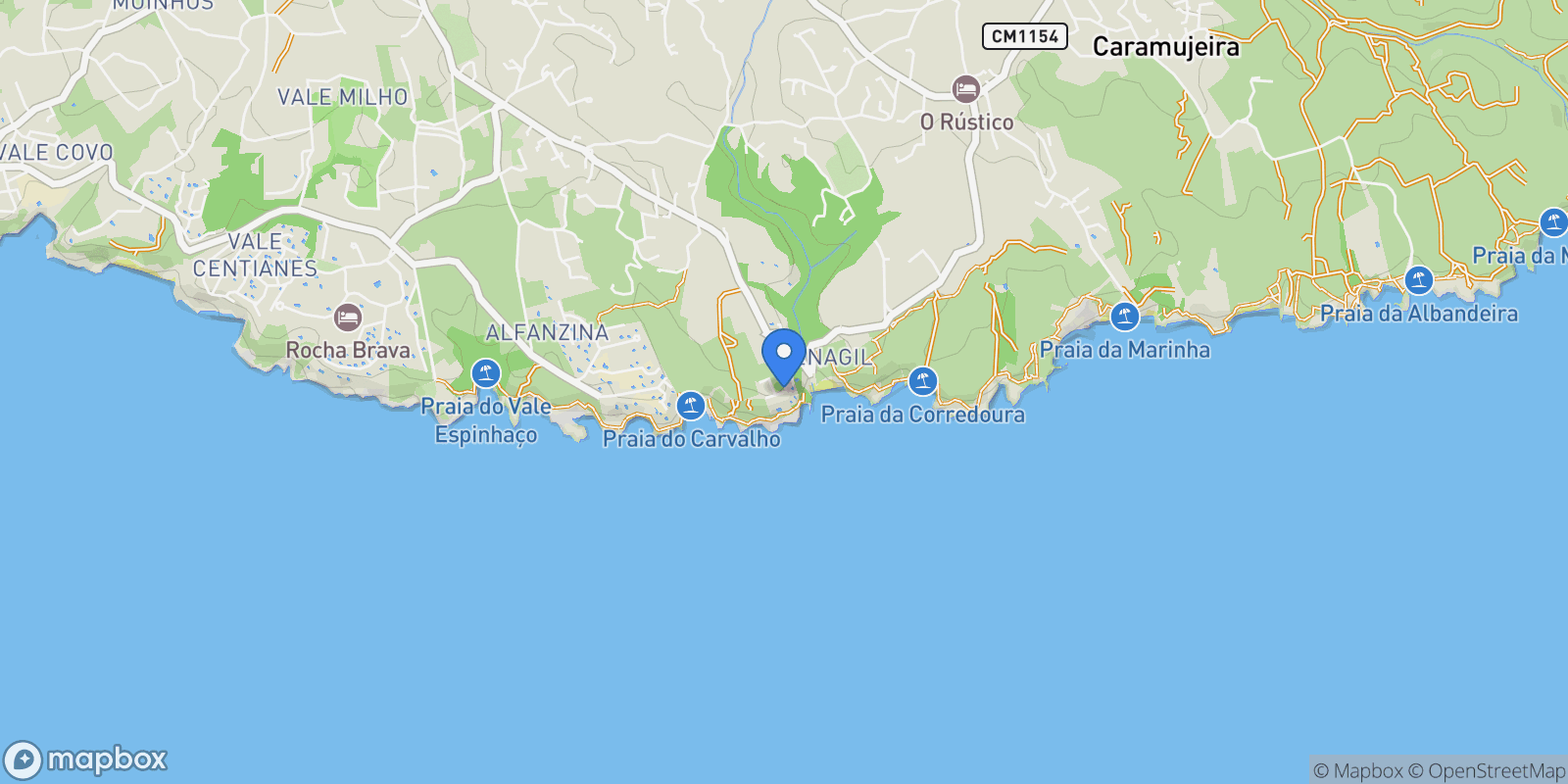 Map showing Benagil, 8400 Carvoeiro, Portugal, Lagoa e Carvoeiro, Algarve, Portugal.