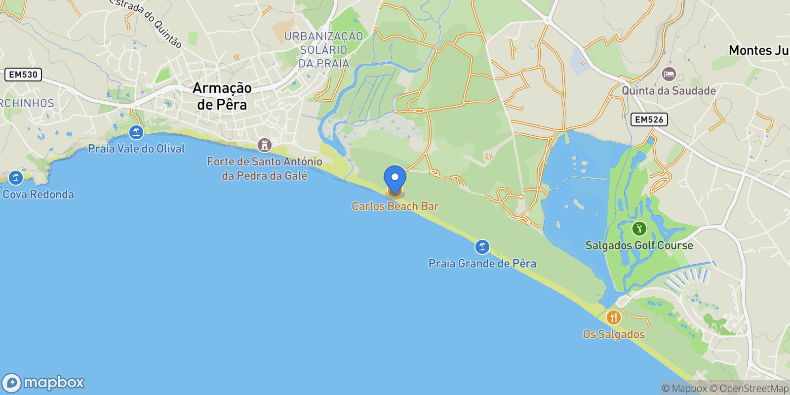 Map showing Praia dos Salgados, Portugal, Alcantarilha, Algarve, Portugal.
