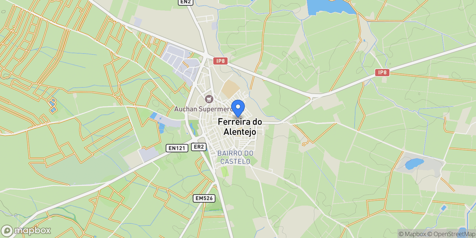 Map showing 7900 Ferreira do Alentejo, Portugal, Ferreira do Alentejo e Canhestros, Beja District, Portugal.
