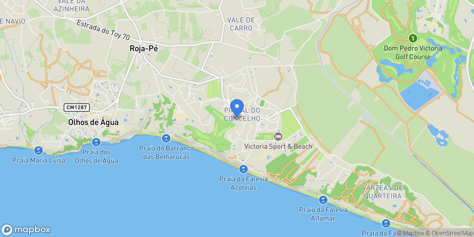Map showing Pine Cliffs C6, 8200-594 Albufeira, Portugal, Olhos de Agua, Algarve, Portugal.
