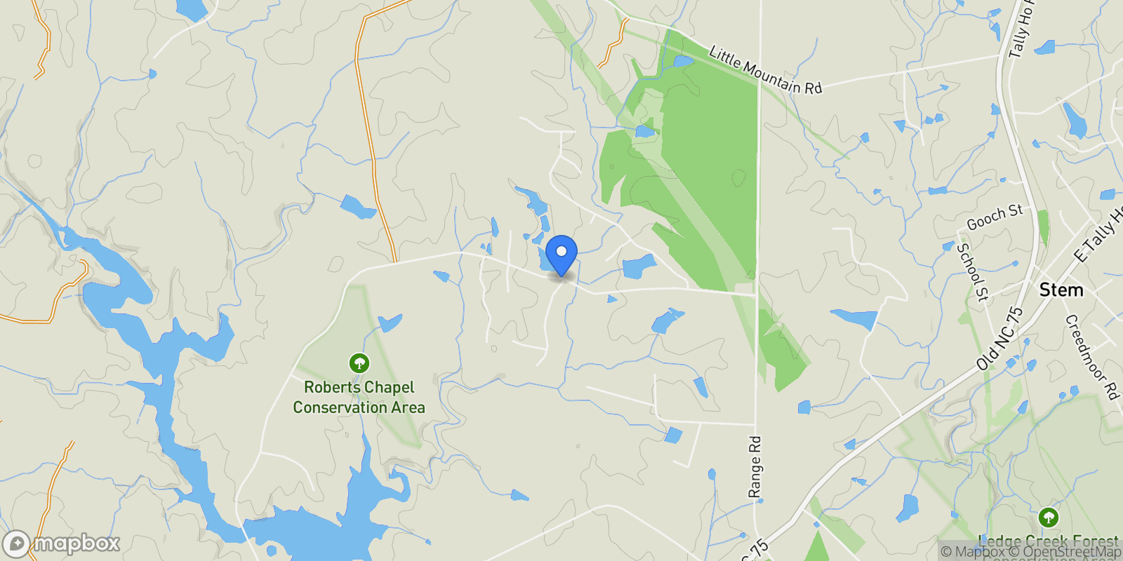 Map showing 1086 Roberts Chapel Road, Stem, NC 27581, Stem, North Carolina, United States.