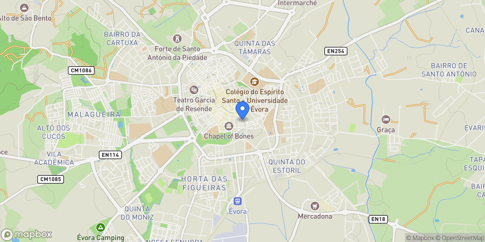 Map showing Évora, Evora (Sao Mamede, Se, Sao Pedro e Santo Antao), Évora District, Portugal.