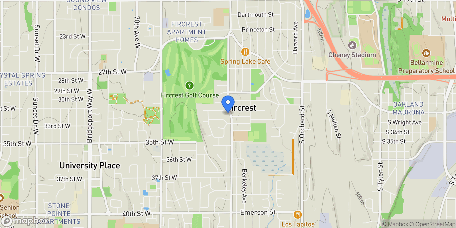 Map showing 808 Alameda Ave, Fircrest, WA 98466, University Place, Washington, United States.