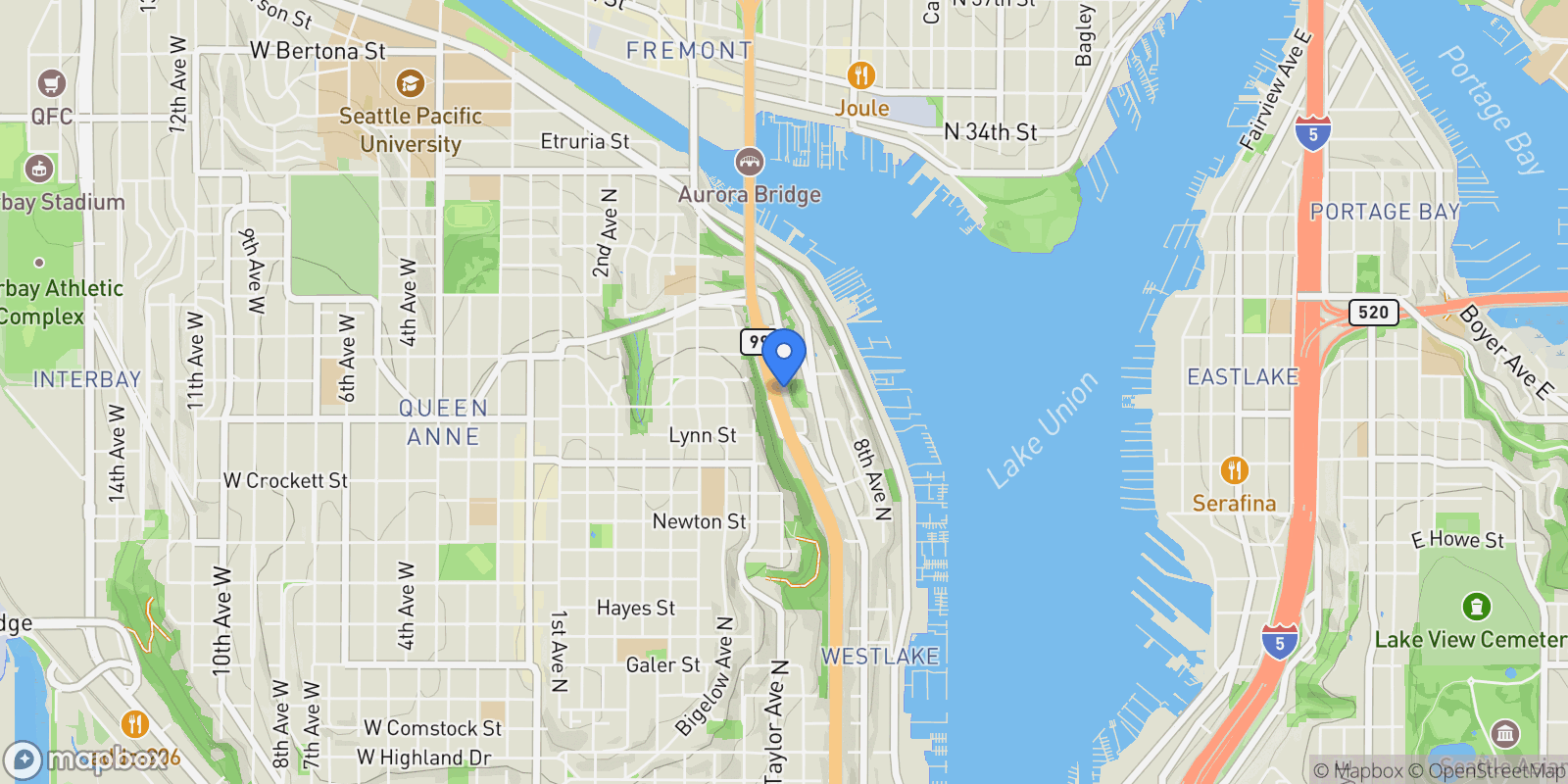 Map showing 2410 Aurora Ave N Unit #105, Seattle, WA 98109, Seattle, Washington, United States.