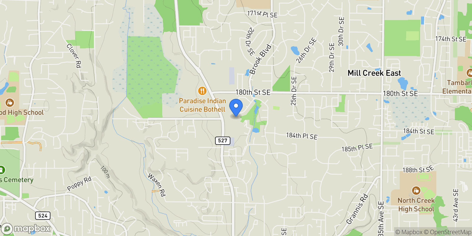 Map showing 18222 19th Dr SE, Bothell, WA 98012, Mill Creek, Washington, United States.
