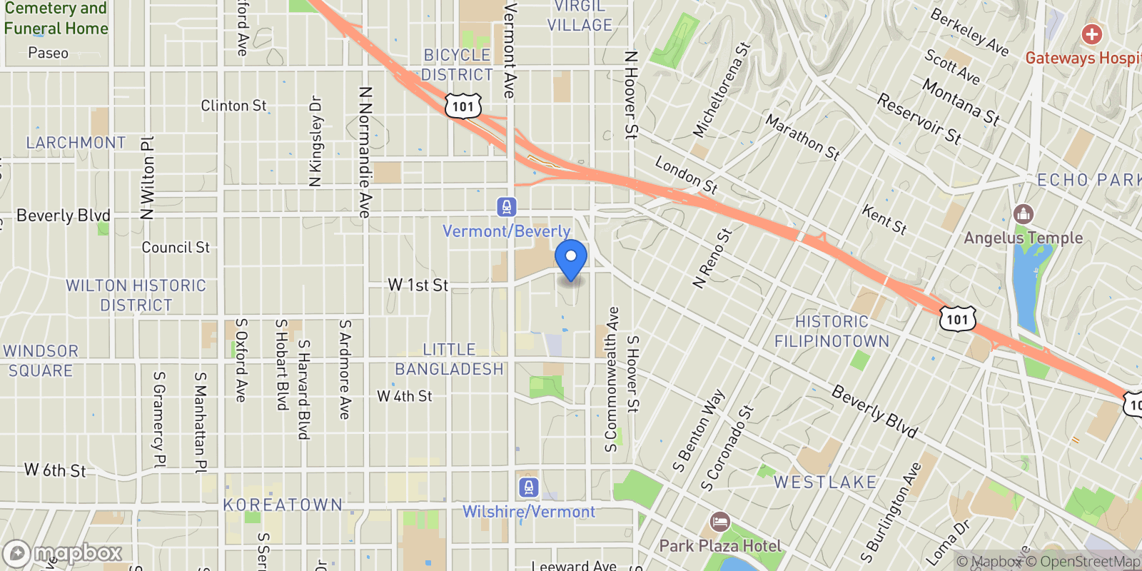 Map showing 123 S Westmoreland Avenue, Los Angeles, California, United States.