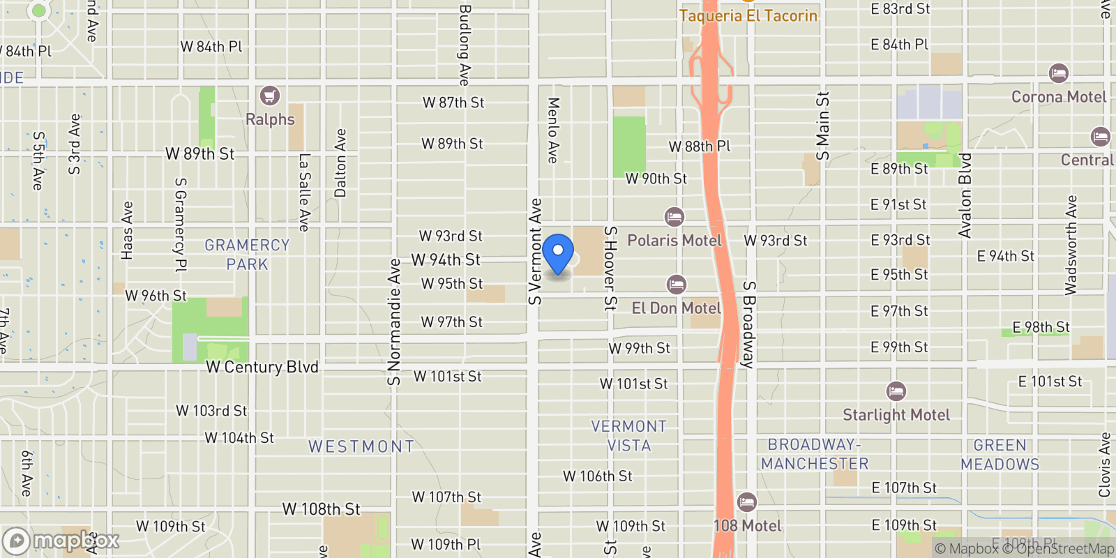 Map showing 820 -824 W 95th Street, Los Angeles, California, United States.