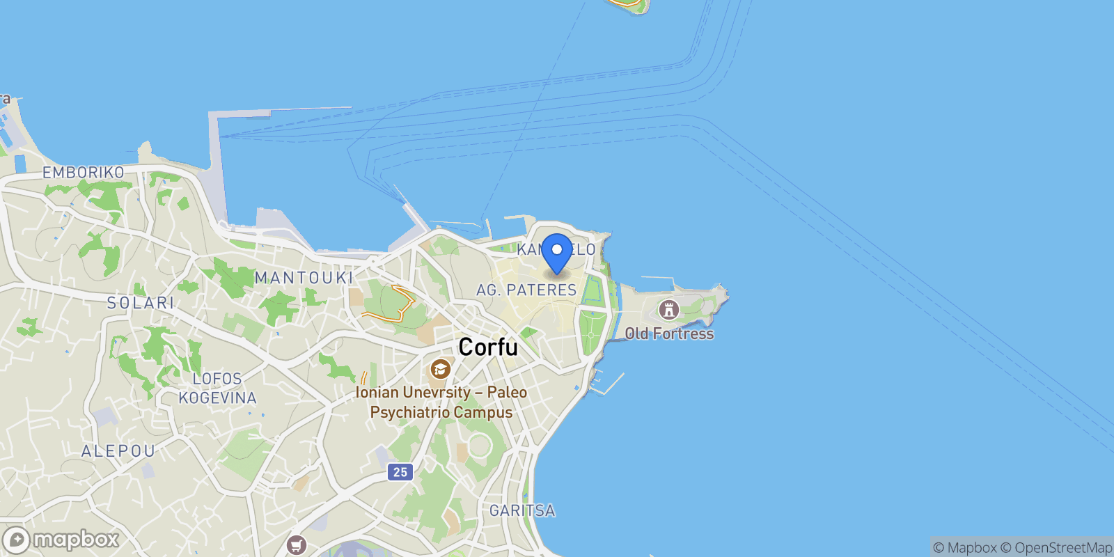 Map showing Corfu, Greece, Corfu, Peloponnese, Western Greece and the Ionian, Greece.