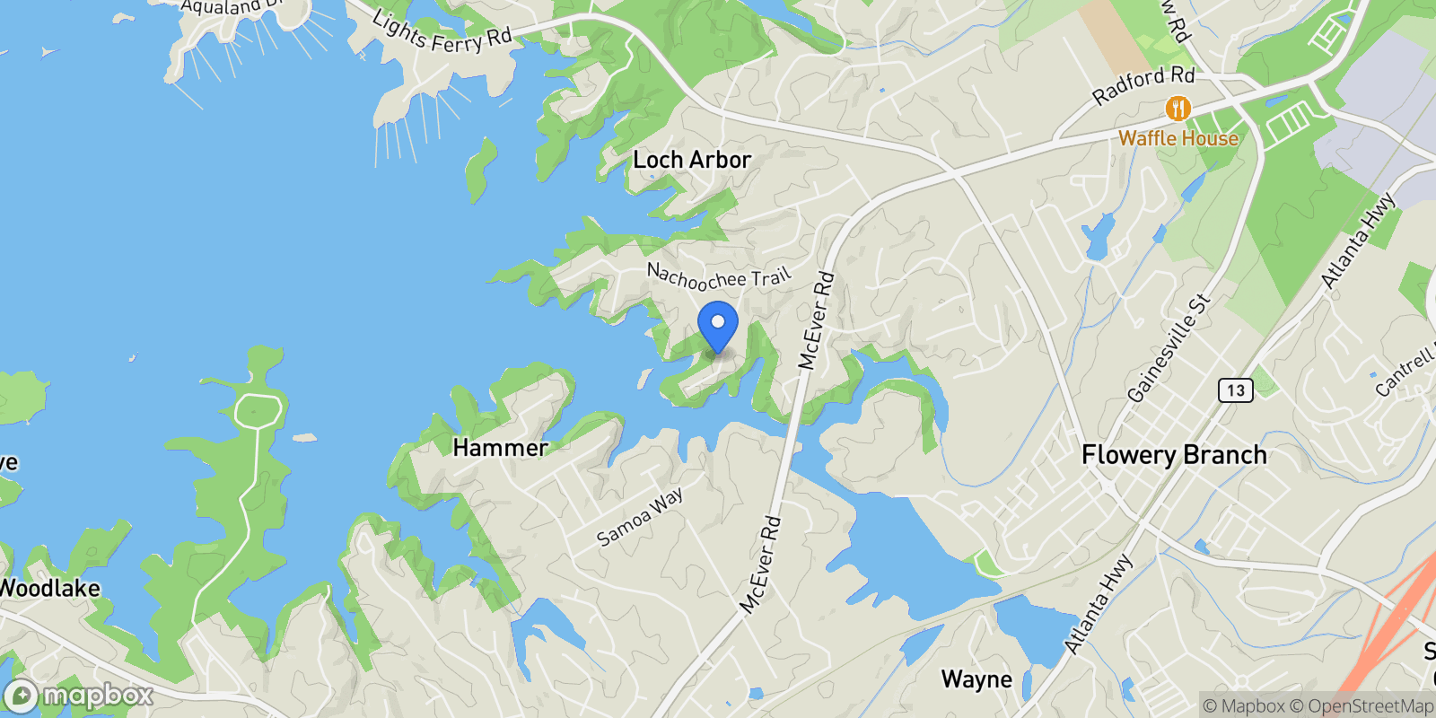 Map showing 5990 Warpath Road, Flowery Branch, Georgia, United States.