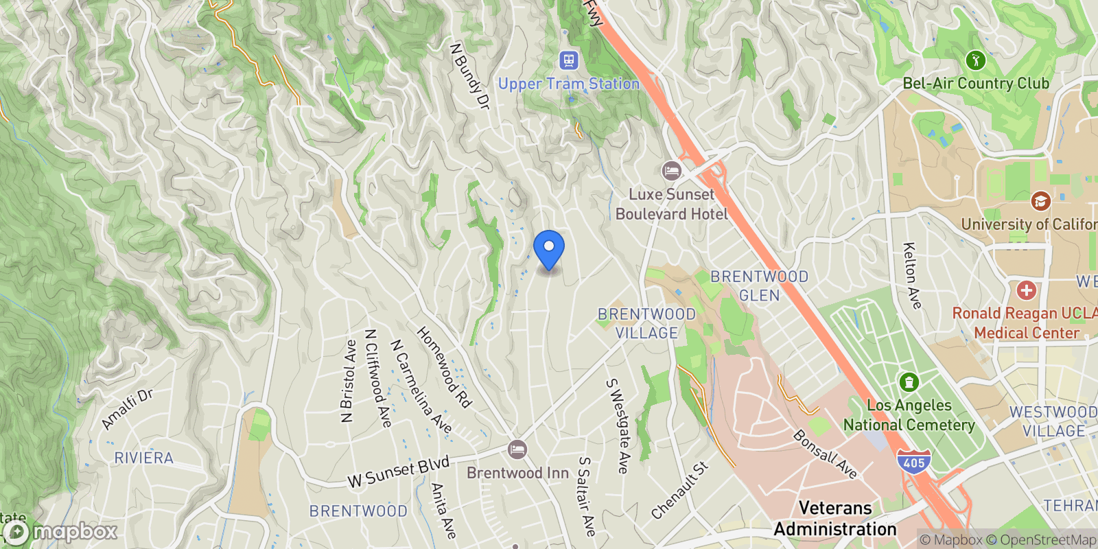 Map showing 455 N Bundy Drive, Los Angeles, California, United States.