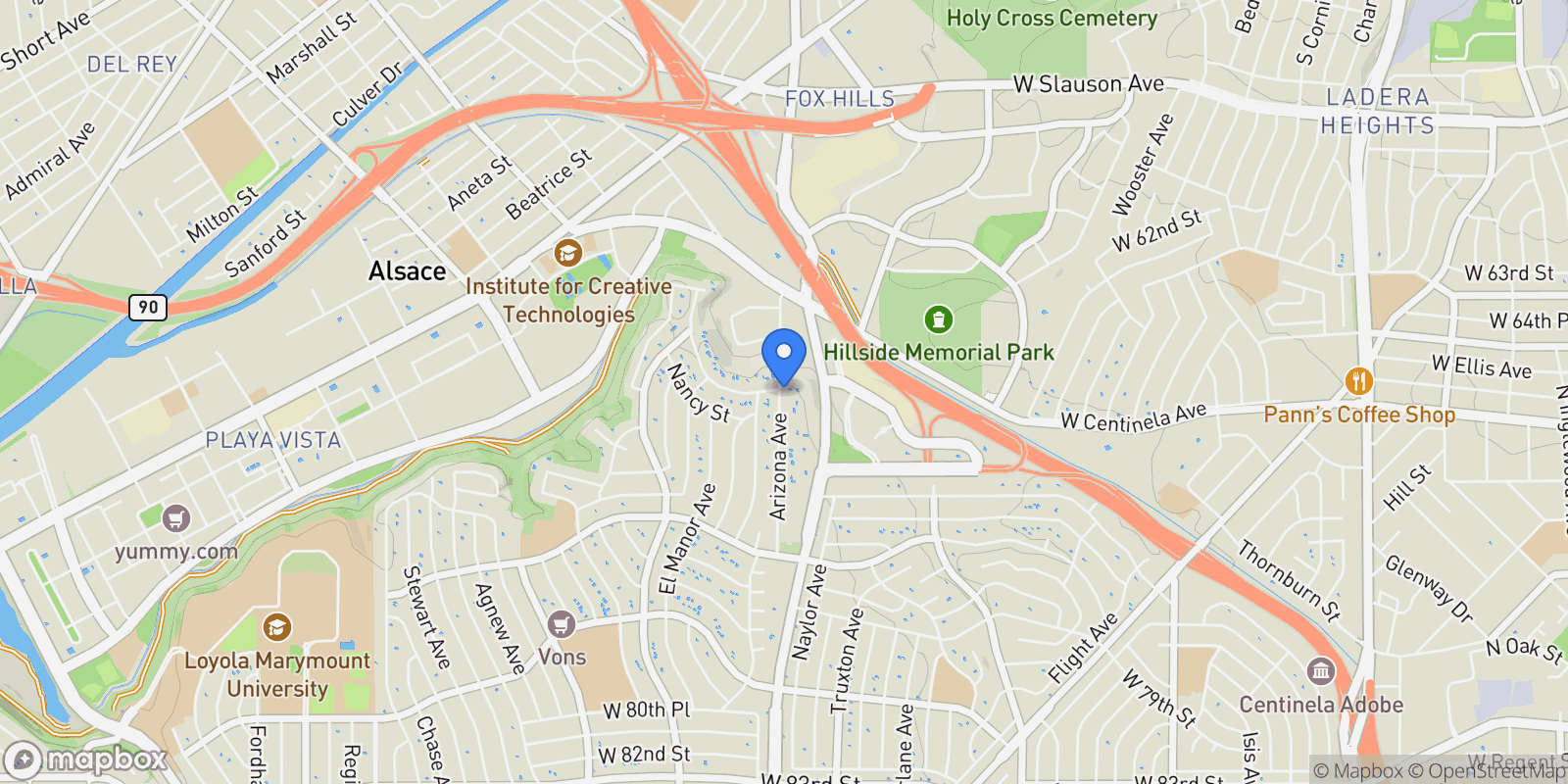 Map showing 6882 Arizona Avenue, Los Angeles, California, United States.