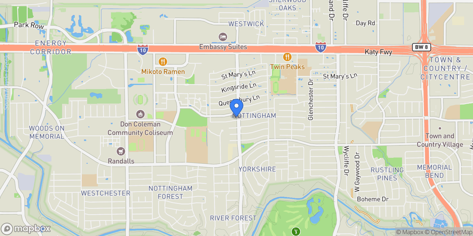 Map showing 14002 Woodthorpe Lane, Houston, Texas, United States.