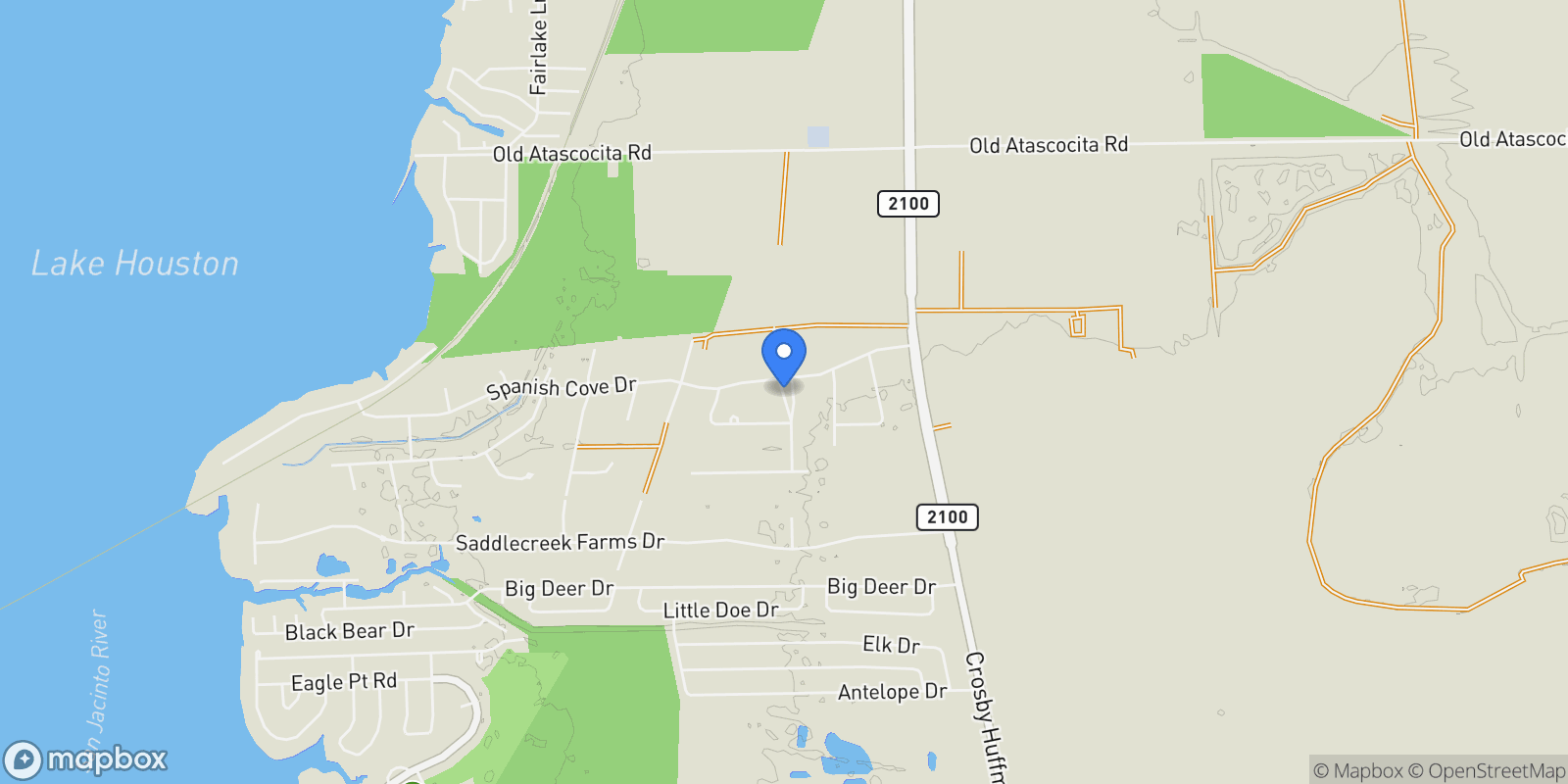 Map showing 303 Spanish Cove Drive, Crosby, Texas, United States.