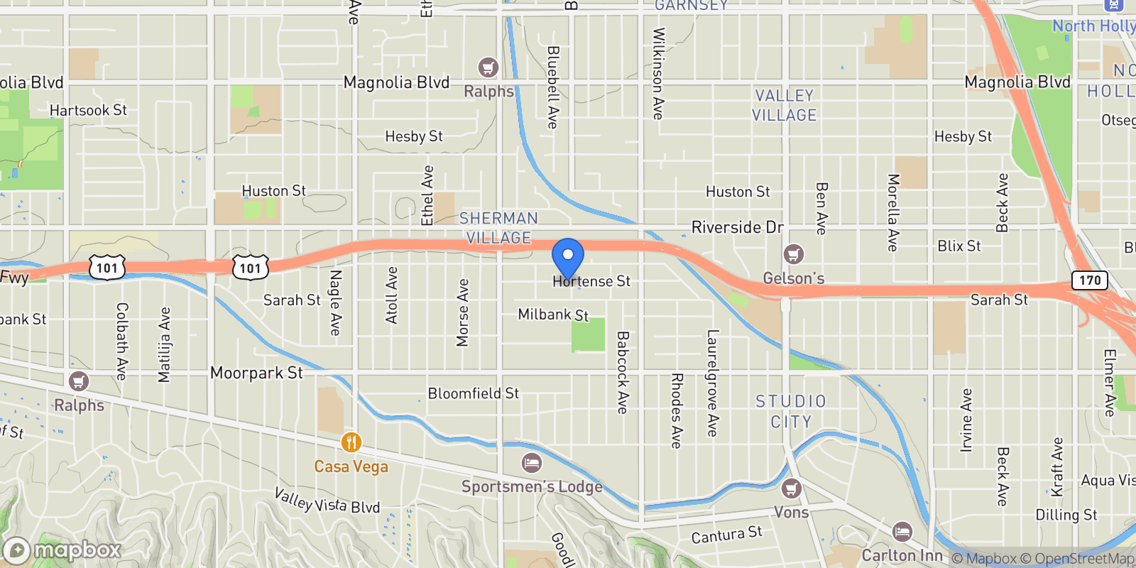Map showing 12700 Hortense Street, Los Angeles, California, United States.