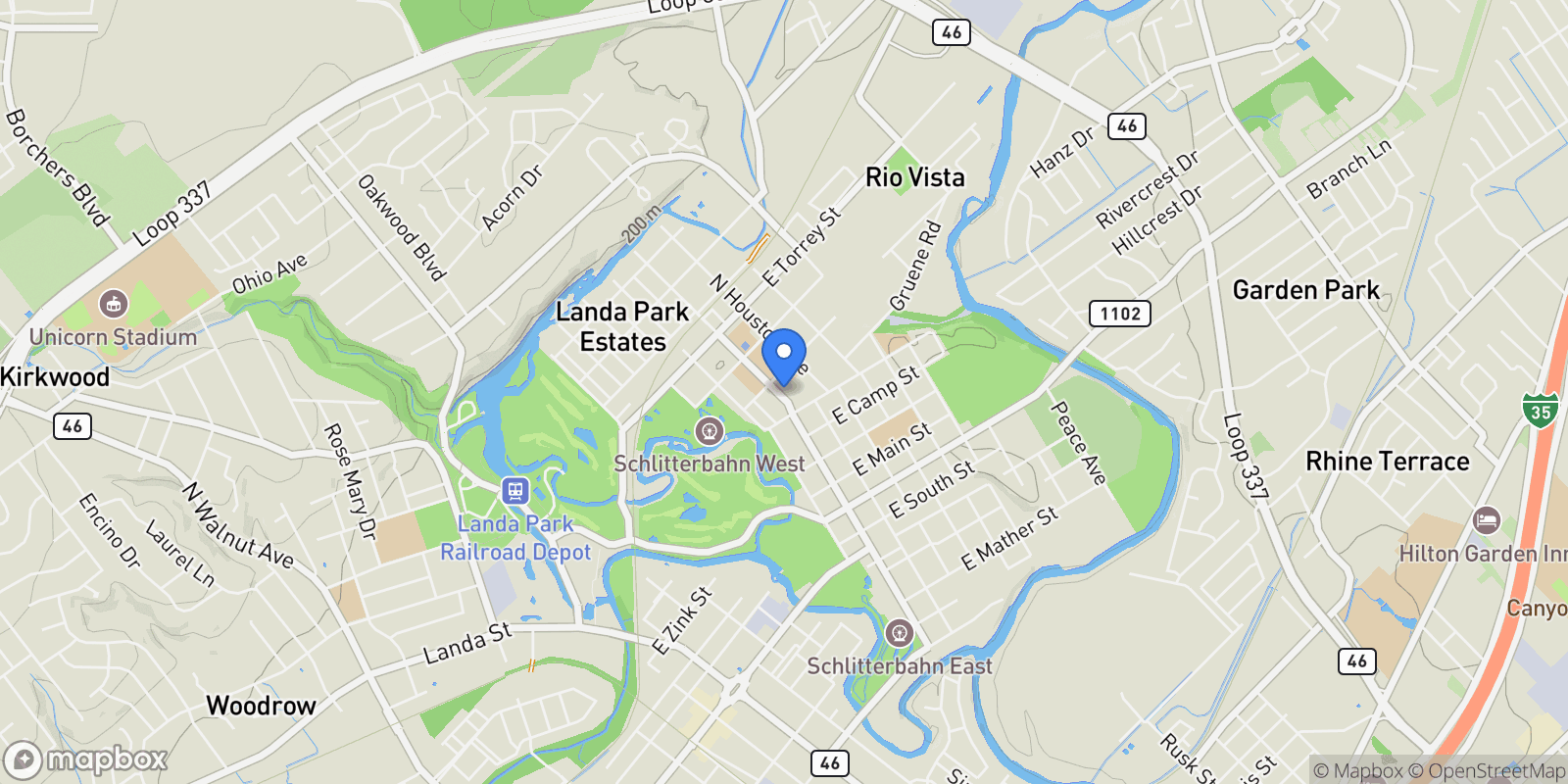 Map showing 556 N Union Avenue, New Braunfels, Texas, United States.