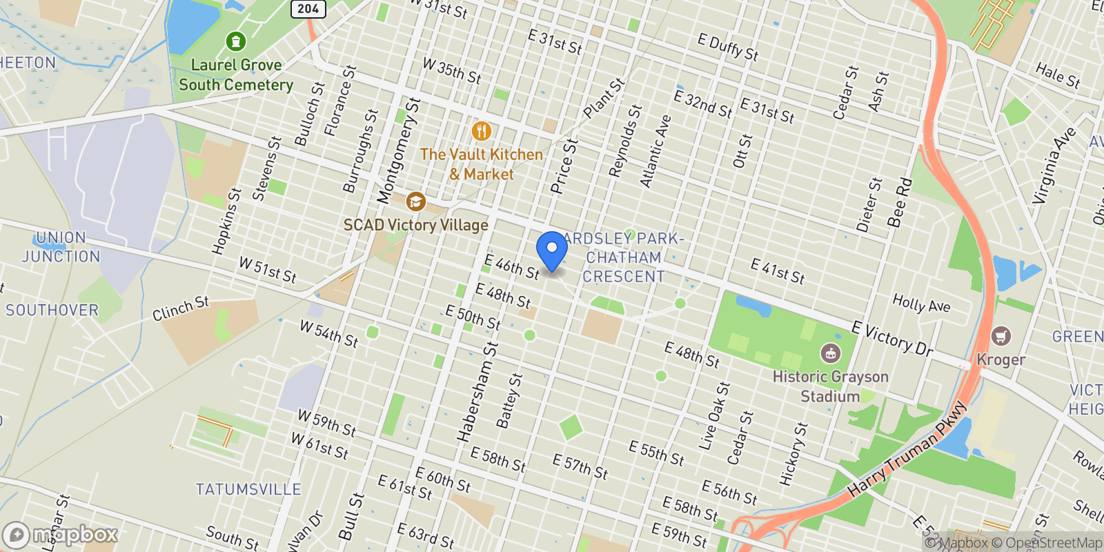 Map showing 302 E 46th Street, Savannah, Georgia, United States.